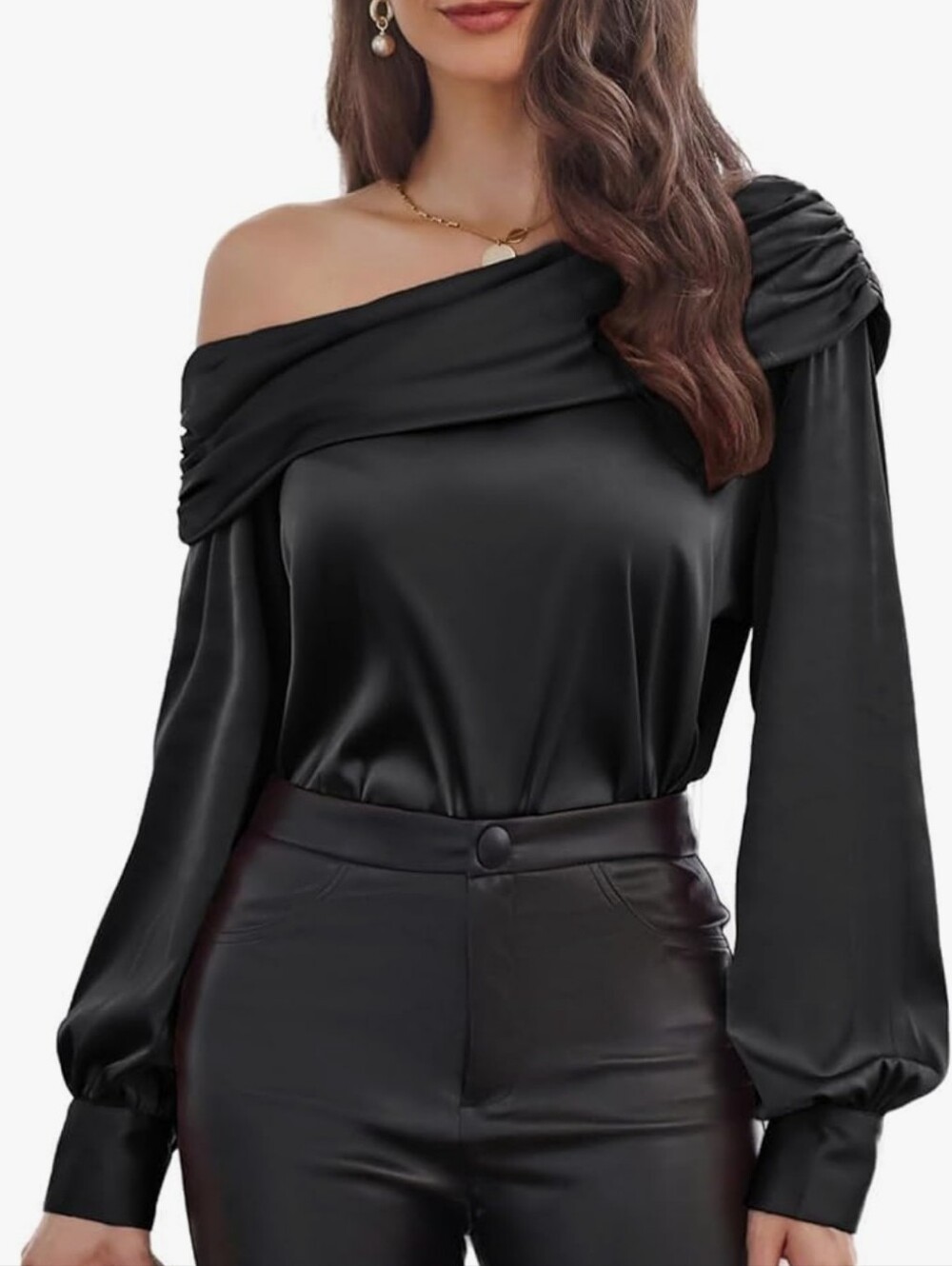 NWT Grace Karin Satin Off The Shoulder Blouse Black Long Sleeve Button Cuff MD